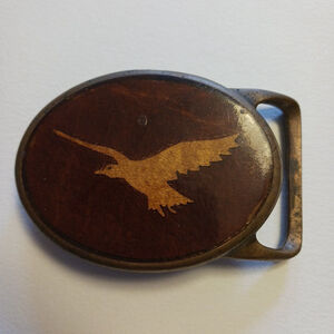 Western VTG 70s Wood Marquetry Bird in Flight Solid Brass Belt Buckle 1 3/4"×3.5
